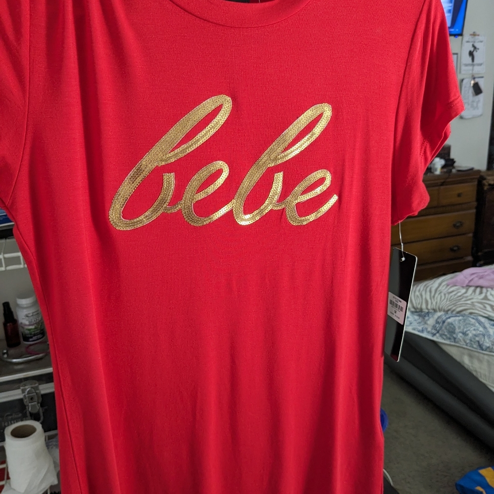 Bebe red and gold embroidered shirt